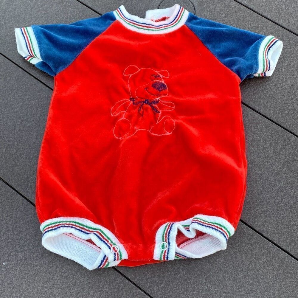 Vintage Doe-Spun velour baby one piece romper size 9 mos red white blue shorts